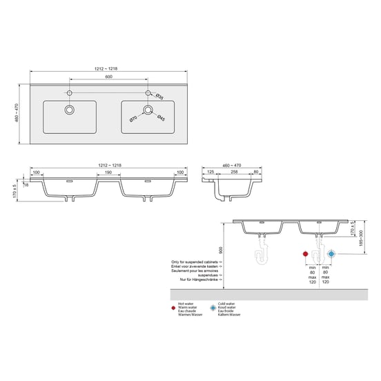 Linie Baro plan double porcelaine blanc mat 120 x 46 cm