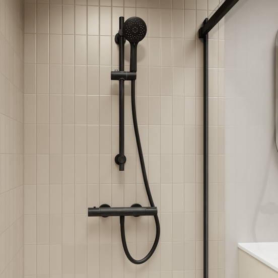 Blaufoss Bodan Duschstange 70 cm mit Brausekopf 11 cm, 3 Strahlarten, Schwarz matt