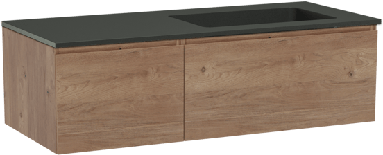 Storke Edge zwevend badmeubel 120 x 52 cm ruw eiken met Scuro asymmetrisch rechtse wastafel in kwarts mat zwart