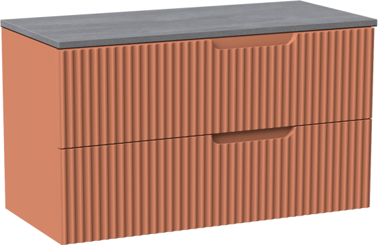 Linie Ribbo zwevend badmeubel 100 x 46 cm cotto met Lado enkel of dubbel wastafelblad in melamine beton donkergrijs, Verticale symmetrische ronde ribbel