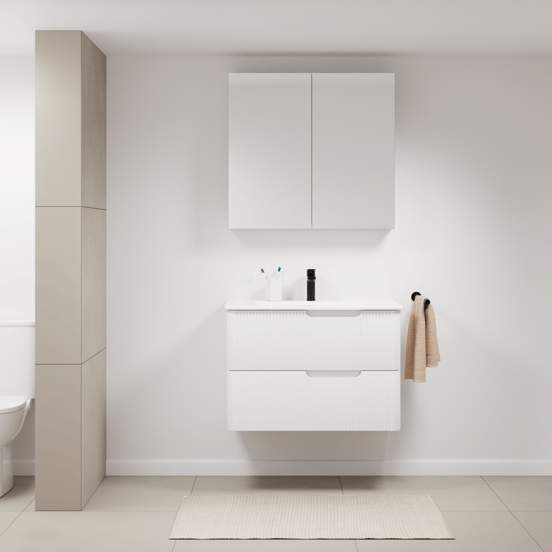 Linie Curvo zwevend badkamermeubel 80 x 46 cm glanzend wit met Baro Curvo enkele wastafel in porcelein glanzend wit, Verticale symmetrische ronde ribbel