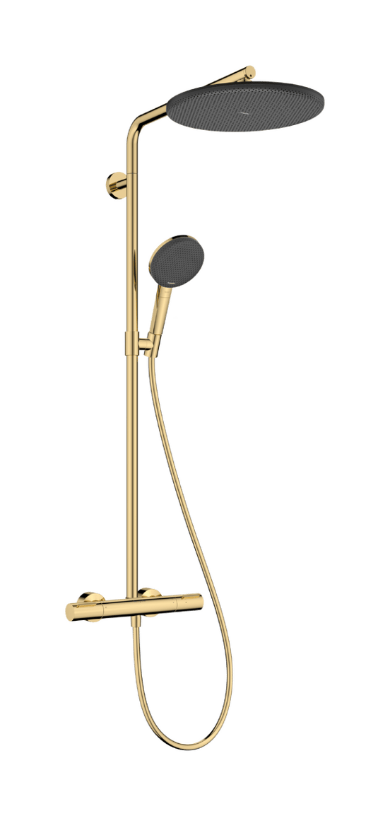 Hansgrohe Raindance Alive S Puro Showerpipe Duschsystem 300 1jet mit Ecostat Element Thermostat, Polished Gold Optic