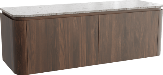 Balmani Moon zwevend badkamermeubel 160 x 55 cm amerikaanse notelaar met Moon enkel of dubbel tablet in terrazzo greige terrazzo