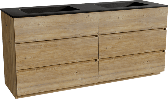 Storke Edge staand badmeubel 170 x 52 cm ruw eiken met Scuro dubbele wastafel in kwarts mat zwart