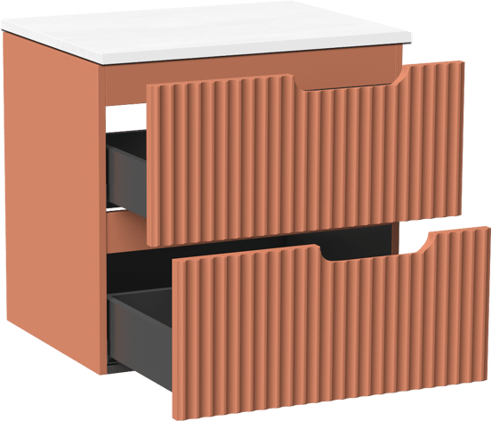 Linie Ribbo zwevend badkamermeubel 60 x 46 cm cotto met Lado enkel tablet in composietmarmer mat wit, Verticale symmetrische ronde ribbel