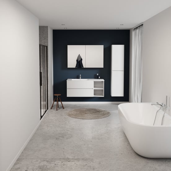 Storke Edge meuble salle de bains suspendu 120 x 52 cm blanc brillant avec Mata plan vasque asymétrique à gauche en solid surface blanc mat