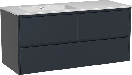 Storke Seda zwevend badkamermeubel 130 x 52 cm nachtblauw met Diva asymmetrisch linkse wastafel in composietmarmer glanzend wit