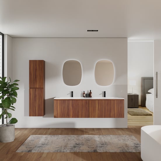Balmani Sfera by Lucida zwevend badmeubel 150 x 55 cm amerikaans notenhout met Tablo Strada dubbele wastafel in composietmarmer hoogglans wit