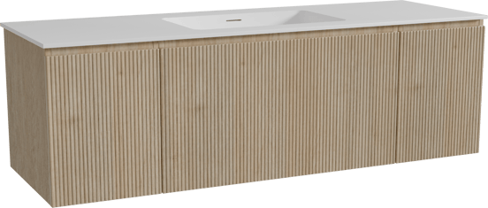 Storke Ribs zwevend badmeubel 155 x 52 cm ruw eiken met Mata enkele wastafel in solid surface mat wit, Verticale symmetrische rechte ribbel