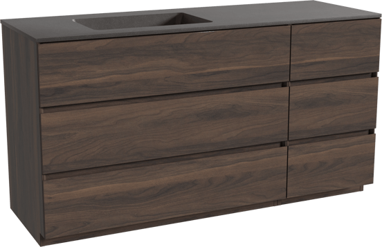 Storke Edge staand badmeubel 150 x 52 cm notenhout met Scuro asymmetrisch linkse wastafel in kwarts mat zwart