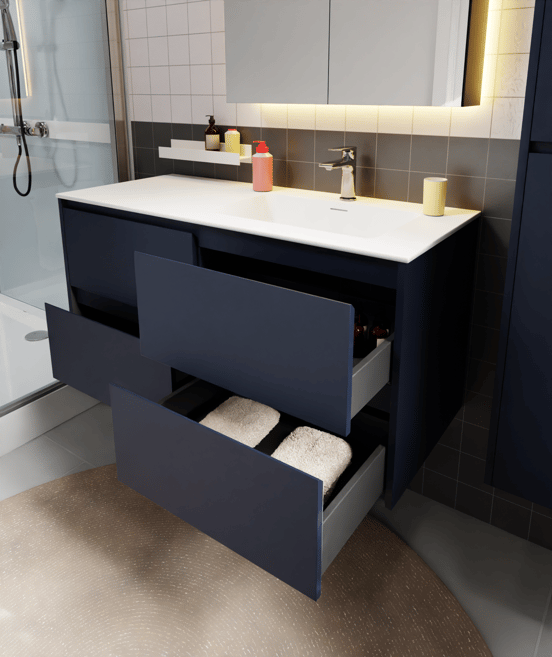 Storke Seda hängender Waschbeckenunterschrank: 120 x 52 cm, Nachtblau, 4 Schubladen