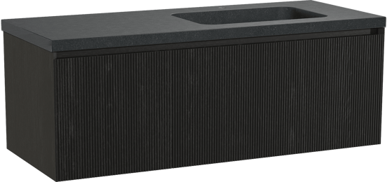 Balmani Fila zwevend badmeubel 135 x 55 cm zwart eiken met Napoli asymmetrisch rechtse wastafel in zwart graniet, Verticale symmetrische rechte ribbel