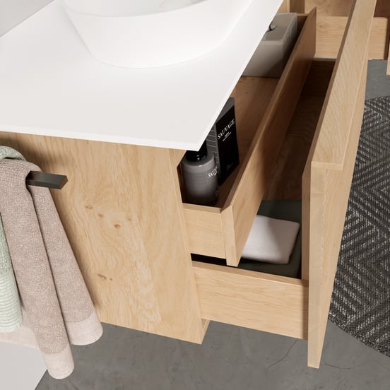 Balmani Forma zwevend badmeubel 90 x 55 cm naturel eiken met Stretto enkel wastafelblad in solid surface mat wit, Horizontale symmetrische rechte ribbel