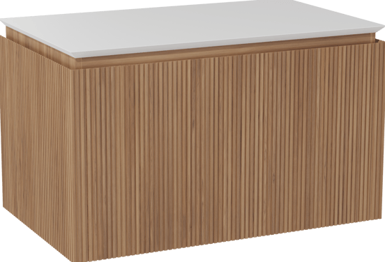 Balmani Eclips meuble salle de bains suspendu 90 x 55 cm Teck avec Eclips tablette simple en Solid Surface blanc mat, Nervure droite symétrique verticale