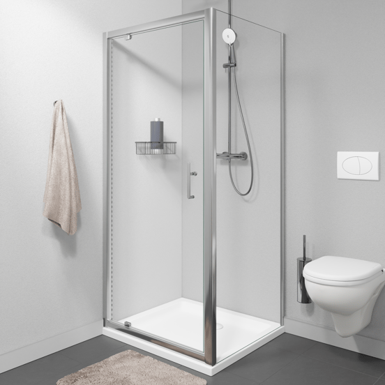 Linie Cadiz paroi de douche avec porte pivotante et paroi latérale fixe, 80 x 80 cm, verre transparent, profil chrome brossé