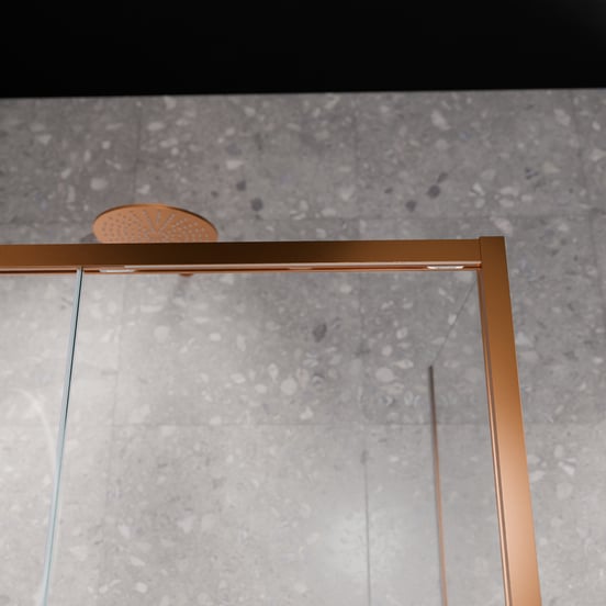 Balmani Senses Design douche d'angle avec porte coulissante à gauche et paroi latérale fixe, 140 x 90 cm, Verre transparent, Profil Brushed Rosegold, coating inclus