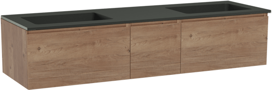 Storke Edge zwevend badmeubel 165 x 52 cm ruw eiken met Scuro dubbele wastafel in kwarts mat zwart