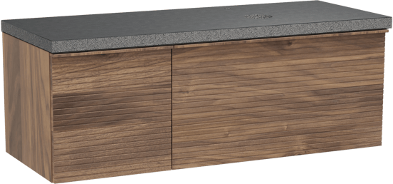 Balmani Forma meuble salle de bains suspendu 135 x 55 cm noyer américain avec Rock plan vasque asymétrique à droite en granit noir, Nervure droite symétrique horizontale