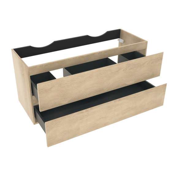 Linie Lado hängender Waschbeckenunterschrank: 120 x 46 cm, Eiche Weiß, 2 Schubladen, 2 Siphonaussparungen