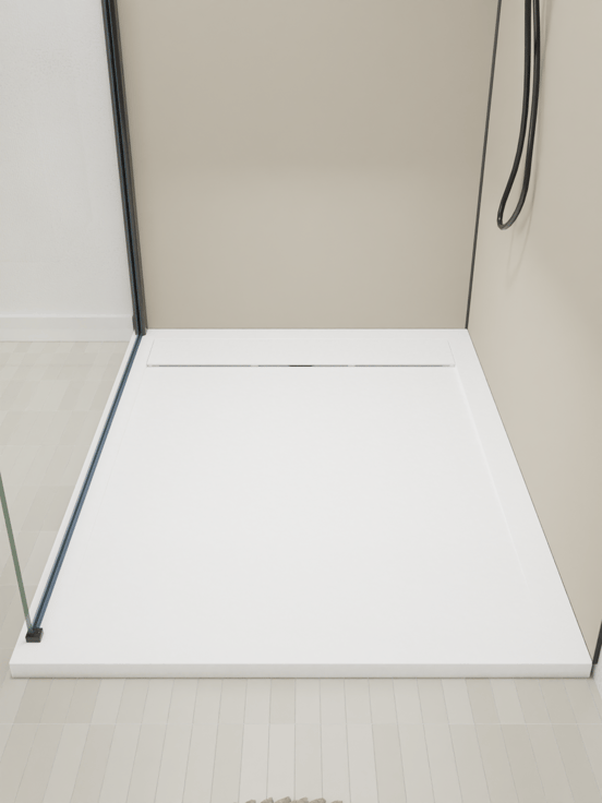 Luca Varess Dandy douchebak 120 x 90 cm composietmarmer mat wit rock structuur