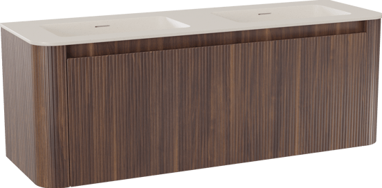 Storke Soft hängendes Möbelstück Set: 140 x 46 cm, Nussbaum, mit Mata Soft Doppelwaschtischplatte Solid Surface Beige Granit, Vertikale symmetrische gerade Rippe