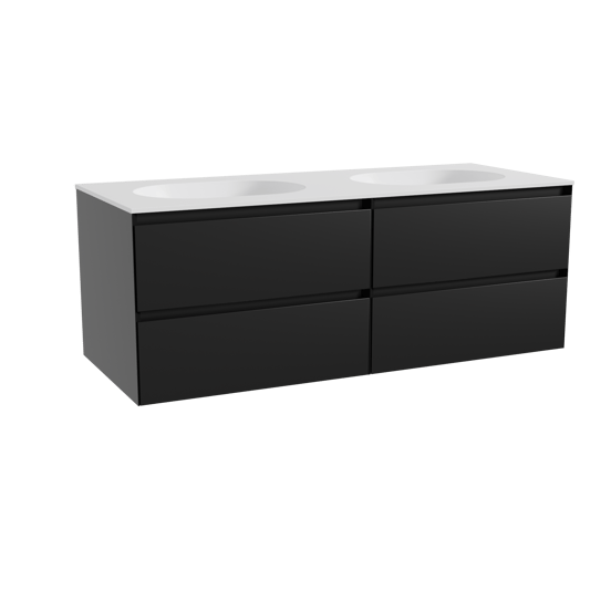 Balmani Mitra zwevend badmeubel 135 x 55 cm mat zwart met Tablo Oval dubbele wastafel in solid surface mat wit