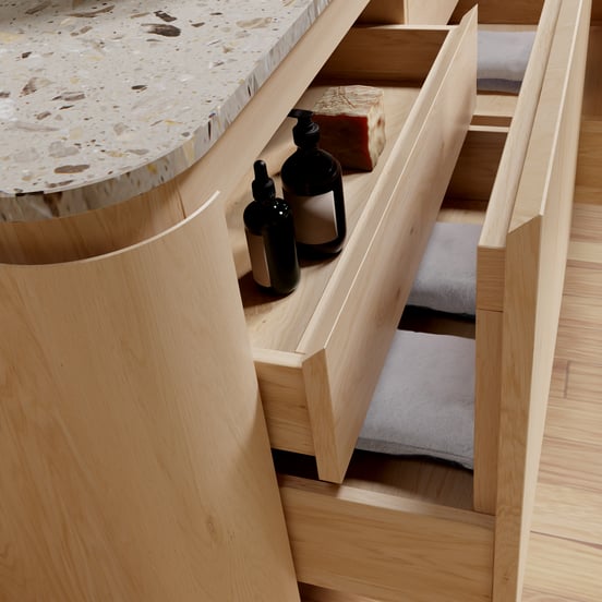 Balmani Moon hängendes Möbelstück Set: 100 x 55 cm, Naturbelassene Eiche, mit Moon Einzel Waschtischplatte, Terrazzo in Greige