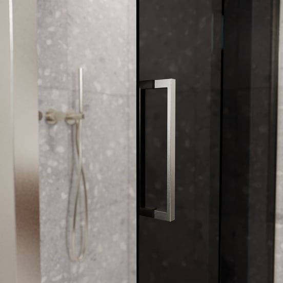 Balmani Senses Design douchecabine met rechtse schuifdeur en vaste zijwand, 140 x 90 cm, Rookglas, Brushed CoolMetal profielen