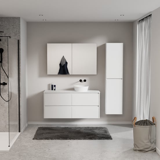 Storke Seda zwevend badmeubel 130 x 52 cm mat wit met Tavola enkel of dubbel wastafelblad in solid surface mat wit