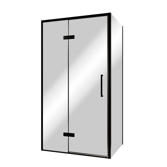 Balmani Senses Design douchecabine met linkse draaideur en vaste zijwand, 100 x 100 cm, Reflex spiegelglas, Zwarte profielen