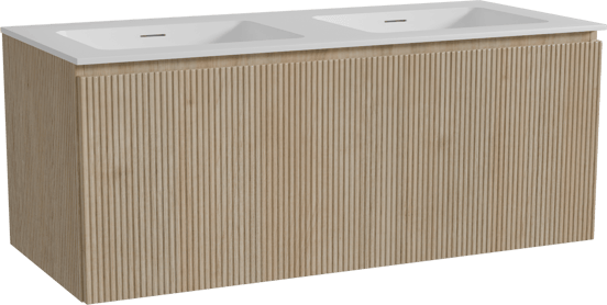 Storke Ribs zwevend badmeubel 120 x 52 cm ruw eiken met Mata dubbele wastafel in solid surface mat wit, Verticale symmetrische rechte ribbel