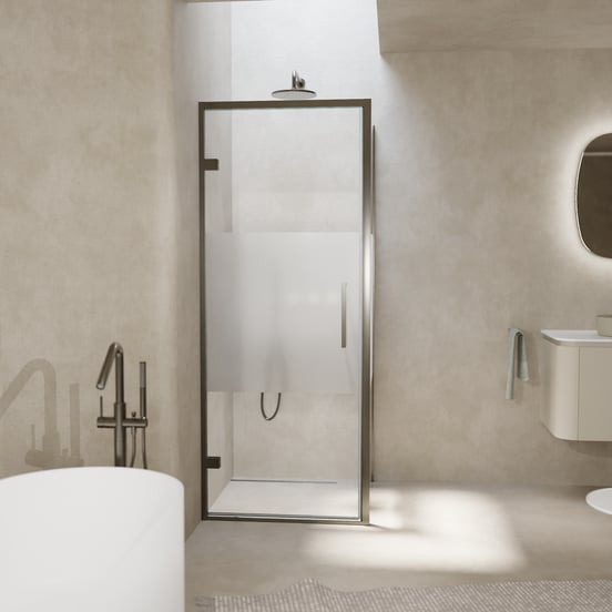 Balmani Senses Design douche en coin avec porte pivotante à gauche et paroi latérale fixe, 90 x 100 cm, Verre transparent avec bande matte, Profil Brushed GunMetal, coating inclus, coating inclus