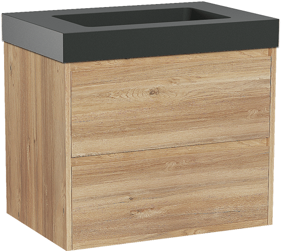 Storke Seda zwevend badmeubel 75 x 52 cm ruw eiken met Scuro High enkele wastafel in kwarts mat zwart