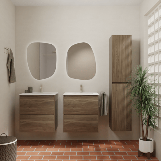 Balmani Mitra Compact zwevend badmeubel 60 x 46 cm Amerikaans notenhout met Nostra enkele wastafel in porselein mat wit