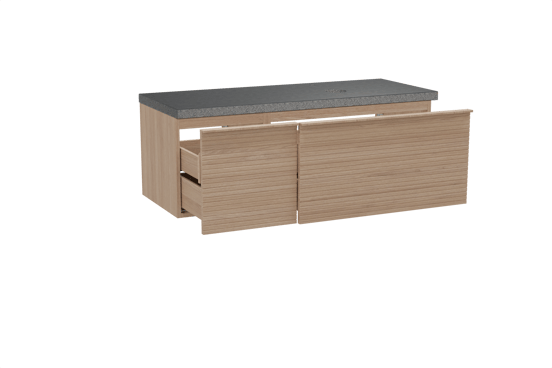 Balmani Forma meuble salle de bains suspendu 135 x 55 cm chêne naturel avec Rock plan vasque asymétrique à droite en granit noir, Nervure droite symétrique horizontale