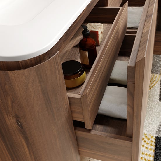 Balmani Moon zwevend badmeubel 130 x 55 cm amerikaans notenhout met Moon enkel of dubbel wastafelblad in solid surface mat wit