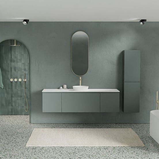 Balmani Sfera meuble salle de bains suspendu 180 x 55 cm forest avec Stretto tablette simple ou double en solid surface blanc mat