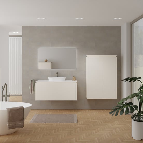 Balmani Eclips zwevend badmeubel 120 x 55 cm Sandbeige met Eclips enkel of dubbel wastafelblad in Solid Surface mat wit