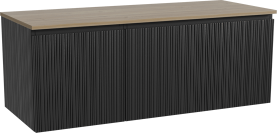 Storke Ribs zwevend badmeubel 130 x 52 cm zwart eiken met Panton enkel of dubbel wastafelblad in melamine ruw eiken, Verticale asymmetrische rechte ribbel
