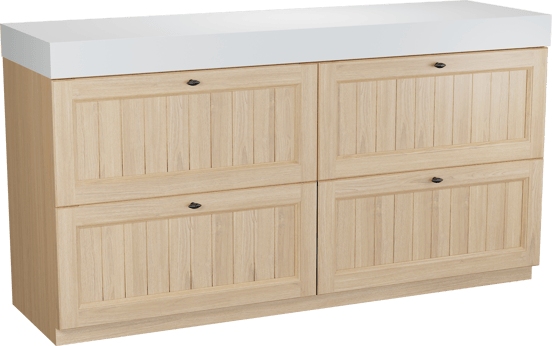 Balmani Lemon freistehendes Möbelstück Set: 180 x 55 cm, Naturbelassene Eiche Furnier, mit Dominus Einzel- oder Doppel Waschtischplatte, Weiß matt