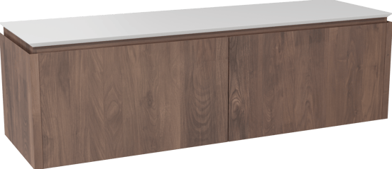 Balmani Eclips zwevend badkamermeubel 180 x 55 cm Amerikaanse notelaar met Eclips enkel of dubbel tablet in Solid Surface mat wit