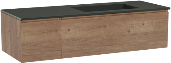 Storke Edge meuble salle de bains suspendu 140 x 52 cm chêne brut avec Scuro plan vasque asymétrique à droite en quartz noir mat