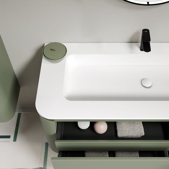 Balmani Moon zwevend badkamermeubel 130 x 55 cm saliegroen met Moon enkel of dubbel tablet in solid surface mat wit