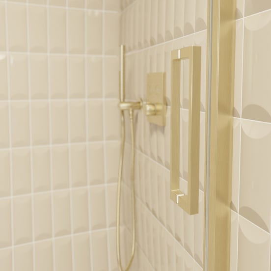 Balmani Senses Design Dusche Schiebetür, umkehrbar, 180 cm x 210 cm, Klarglas, Profil Brushed Champagner Gold, inklusive Coating