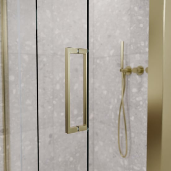 Balmani Senses Design douche en coin avec porte coulissante à gauche et paroi latérale fixe, 160 x 70 cm, Verre transparent, Profil Brushed Champagne Gold
