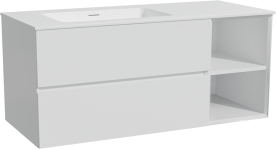 Storke Edge meuble salle de bains suspendu 120 x 52 cm blanc brillant avec Mata plan vasque asymétrique à gauche en solid surface blanc mat