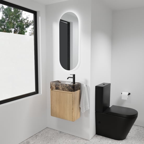 Balmani Fara zwevend toiletmeubel 45 x 22 cm natuur eik met Fara wastafel in Dark Emperador marmer