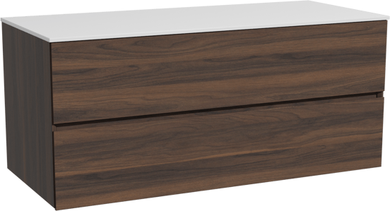 Storke Edge zwevend badmeubel 120 x 52 cm notenhout met Tavola enkel of dubbel wastafelblad in solid surface mat wit