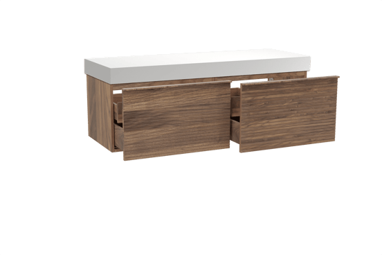 Balmani Forma zwevend badmeubel 150 x 55 cm amerikaans notenhout met Dominus enkel of dubbel wastafelblad in solid surface mat wit, Horizontale symmetrische rechte ribbel