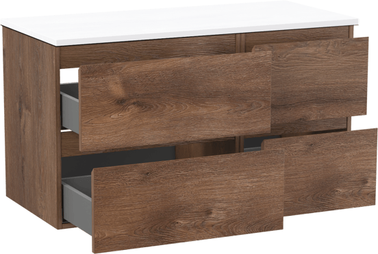 Linie Lado hängendes Möbelstück Set: 100 x 46 cm, Braune Eiche, mit Lado Einzel- oder Doppel Waschtischplatte, Marmorkomposit Weiß glänzend